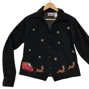 BILL BLASS sz Small Blouse Holiday Button Front Top Embroidered Santa Reindeer